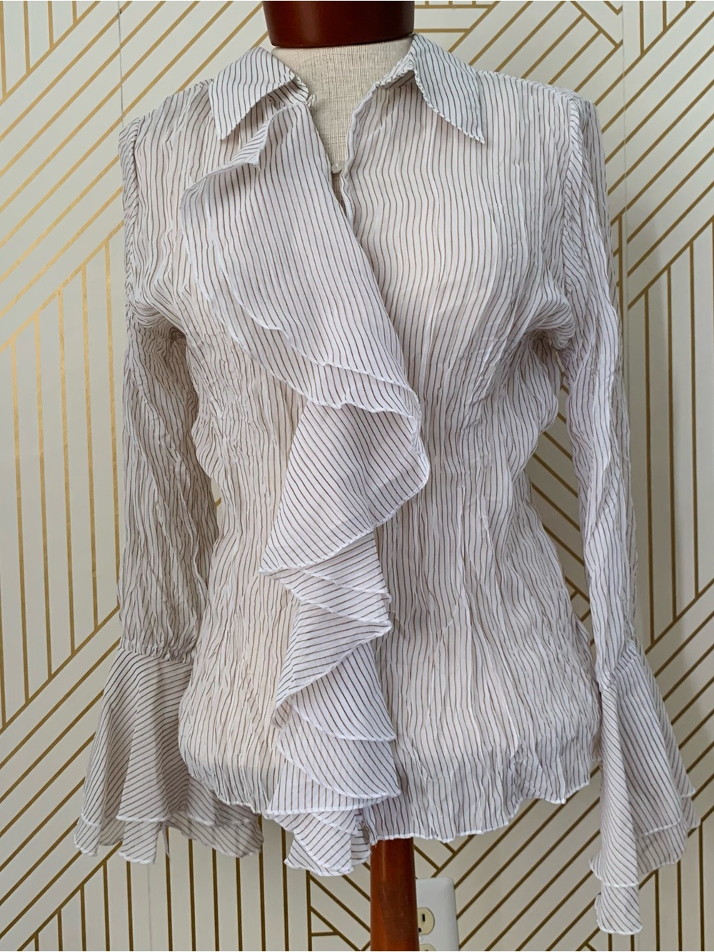 Claudia Richard Vintage 90s Y2K Striped Ruffle Bell Sleeve boho bohemian Blouse